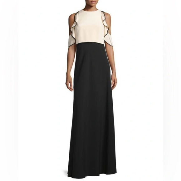 Jill Jill Stuart Cold Shoulder Ruffle Trim Cream Black Colorblock Gown Size 10 - Picture 2 of 16